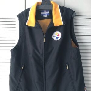 Mens NFL nylon embroidered Steeler vest with logo and two front zipper pockets.